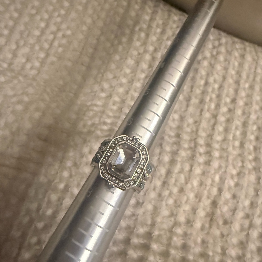 Silver Tone Square Halo Ring Size7 Clear & Teal Stones